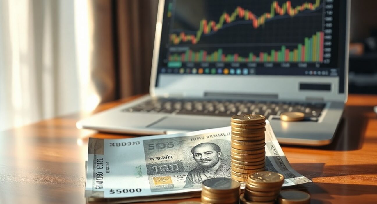Indian rupee banknotes and coins on a desk with a financial chart in the background