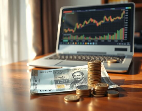 Indian rupee banknotes and coins on a desk with a financial chart in the background