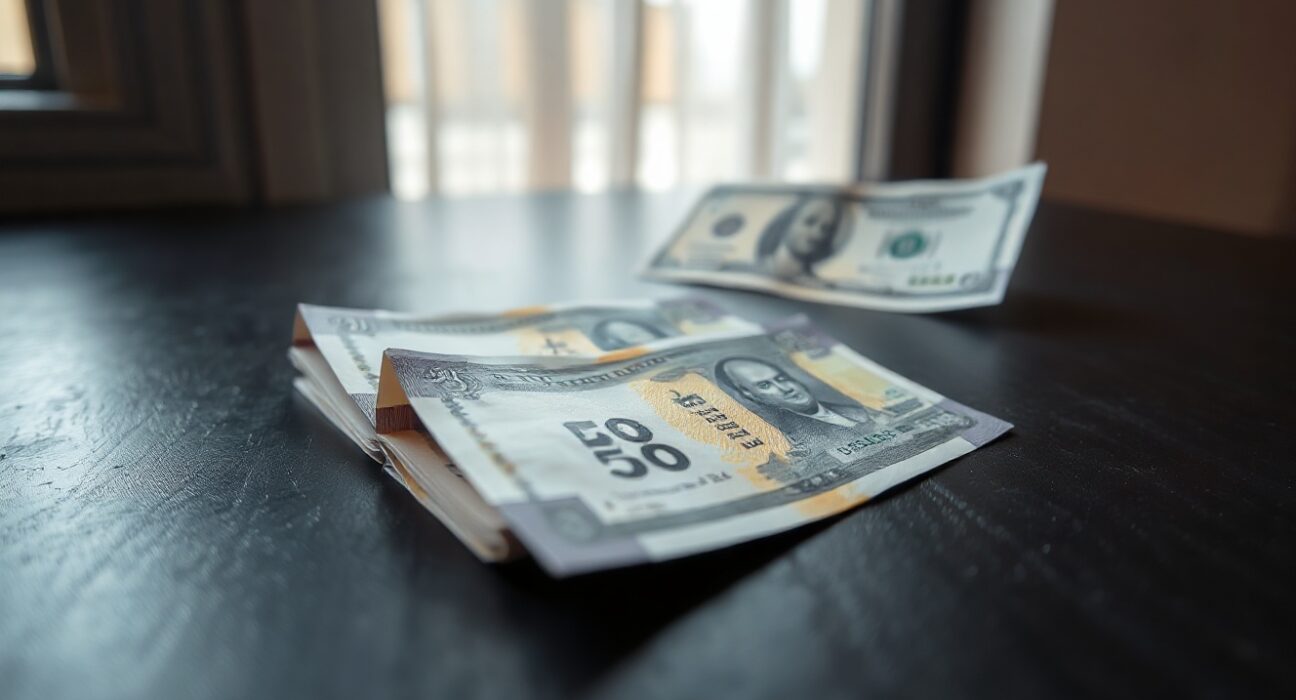 Close-up of Indian Rupee banknotes with a blurred US Dollar bill in the background, representing currency market movements.