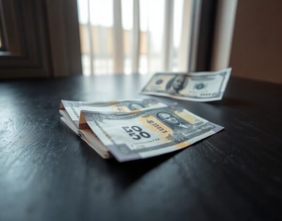 Close-up of Indian Rupee banknotes with a blurred US Dollar bill in the background, representing currency market movements.