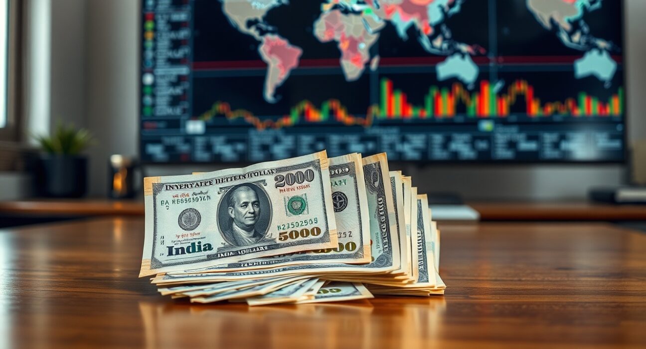 Indian Rupee and US Dollar banknotes on a desk with financial charts in background