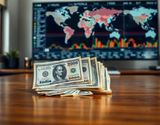 Indian Rupee and US Dollar banknotes on a desk with financial charts in background