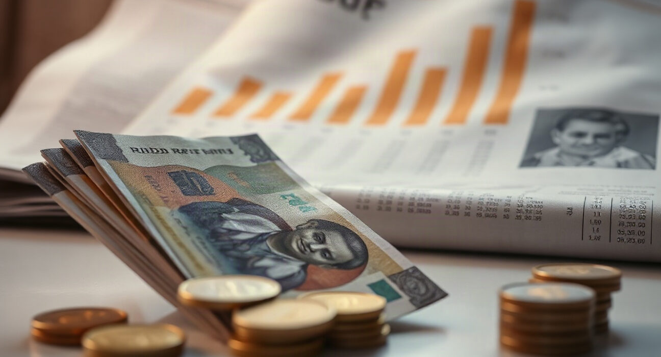 Indian Rupee notes and coins with a GDP chart in the background, symbolizing economic resilience.