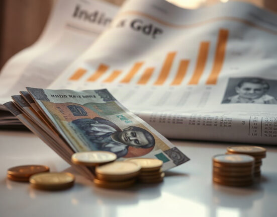 Indian Rupee notes and coins with a GDP chart in the background, symbolizing economic resilience.