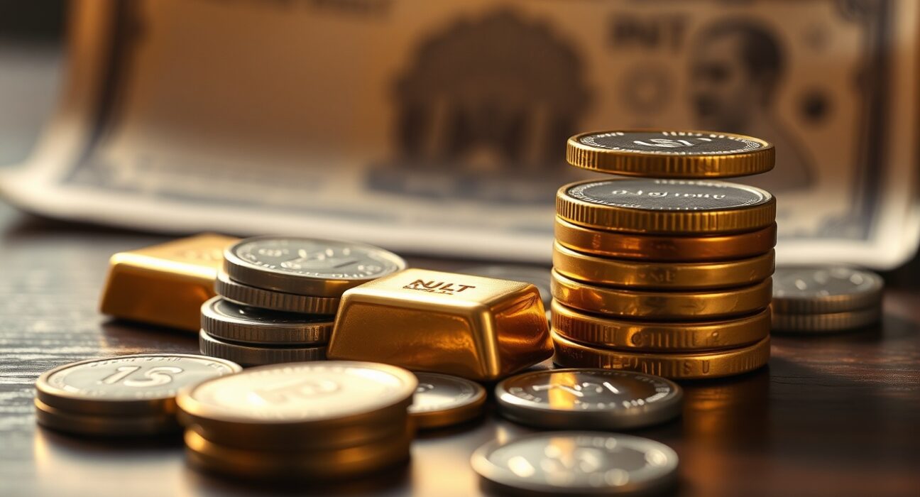 Gold bars and silver coins with Indian Rupee banknote in background representing import duty impact