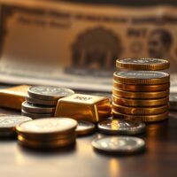 Gold bars and silver coins with Indian Rupee banknote in background representing import duty impact