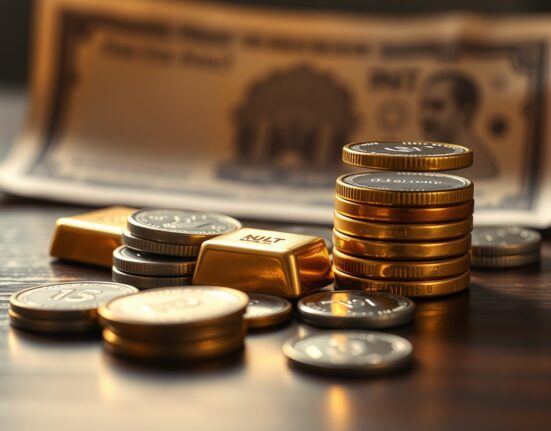 Gold bars and silver coins with Indian Rupee banknote in background representing import duty impact