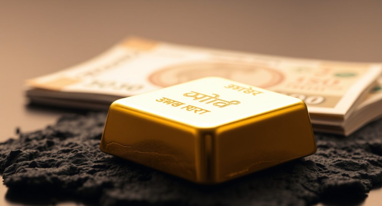 Gold bar with Indian Rupee banknotes in background representing currency and trade