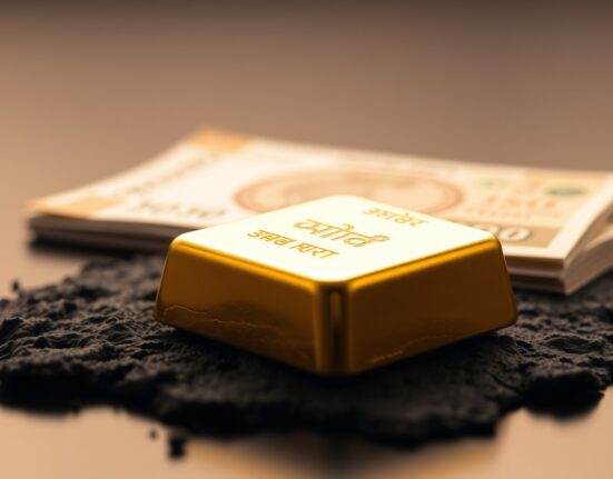 Gold bar with Indian Rupee banknotes in background representing currency and trade