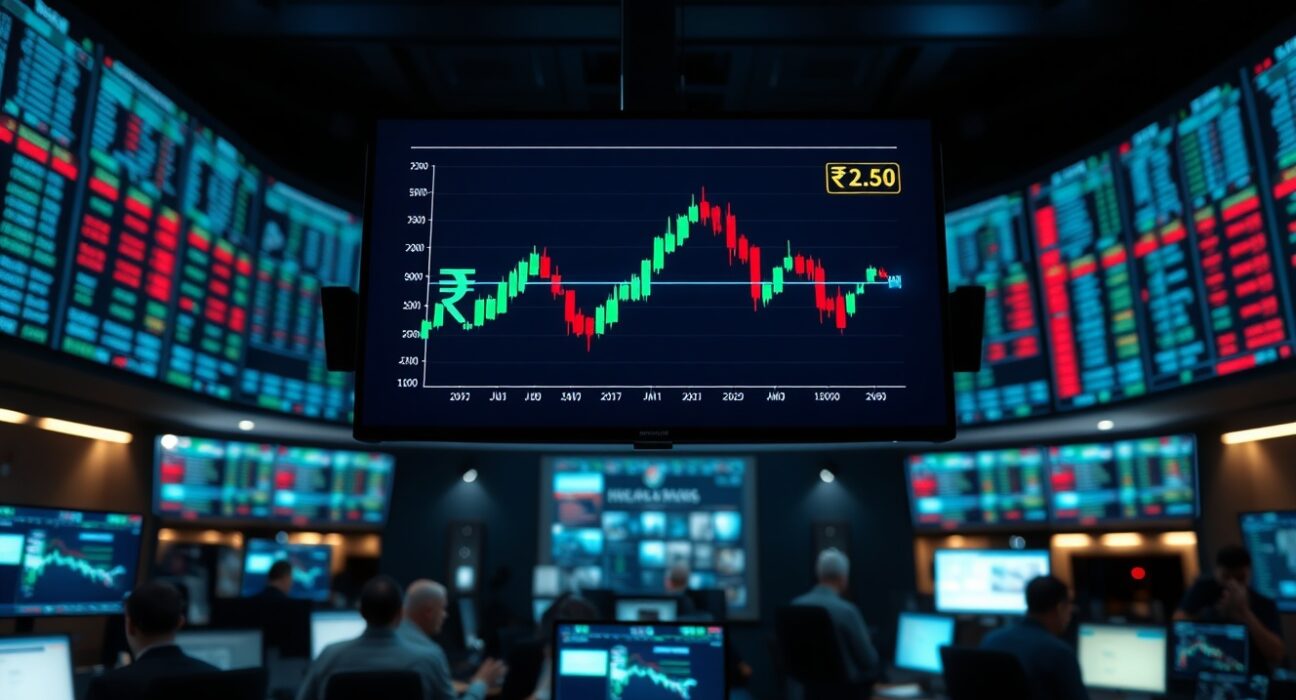 Financial trading screen showing USD/INR exchange rate chart with Indian Rupee symbol.
