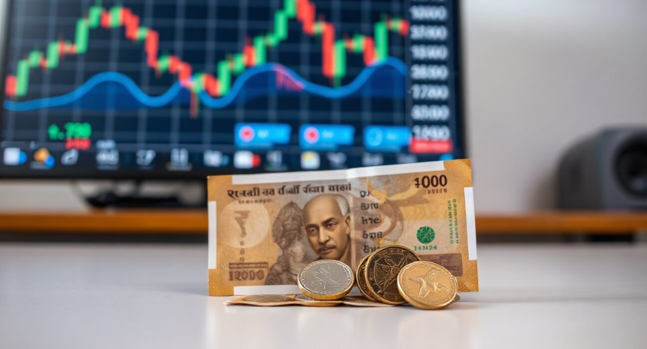 Indian rupee banknotes and coins arranged on a flat surface, symbolizing currency analysis and market outlook.