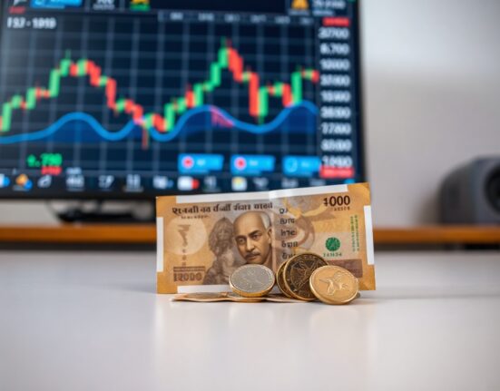 Indian rupee banknotes and coins arranged on a flat surface, symbolizing currency analysis and market outlook.