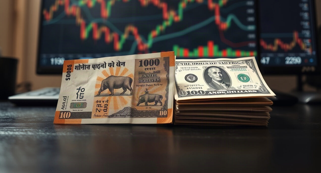 Indian Rupee and US Dollar banknotes on a desk with financial charts in background