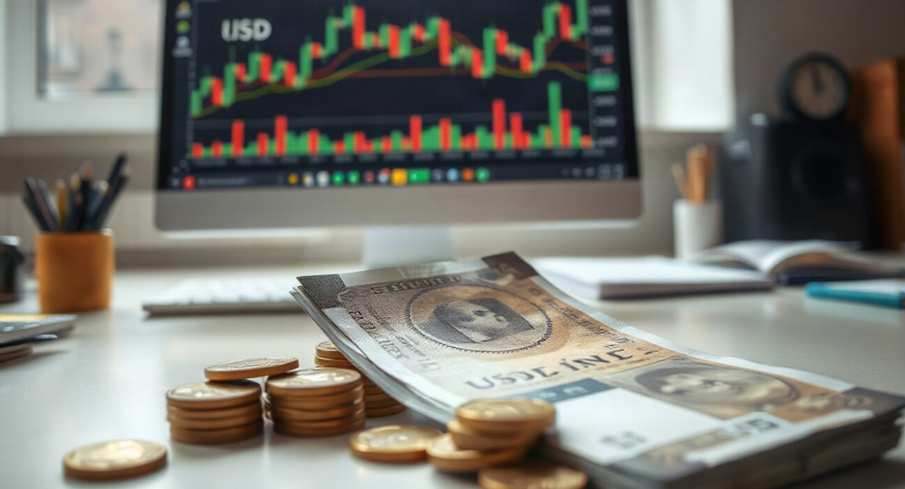 Indian Rupee banknotes and coins with a forex chart in the background