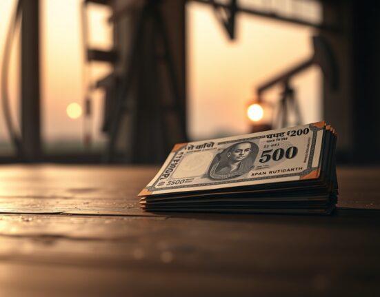 Stack of Indian rupee notes with an oil pumpjack in the background, representing currency and oil price impact.