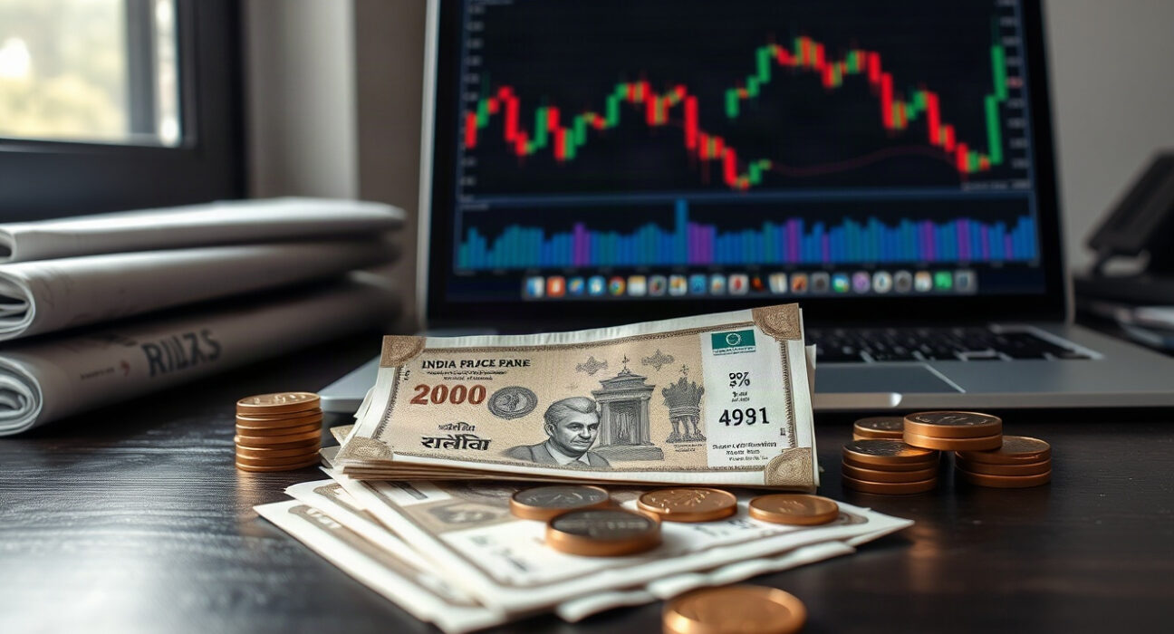 Indian Rupee banknotes and coins with financial chart in background