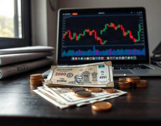Indian Rupee banknotes and coins with financial chart in background