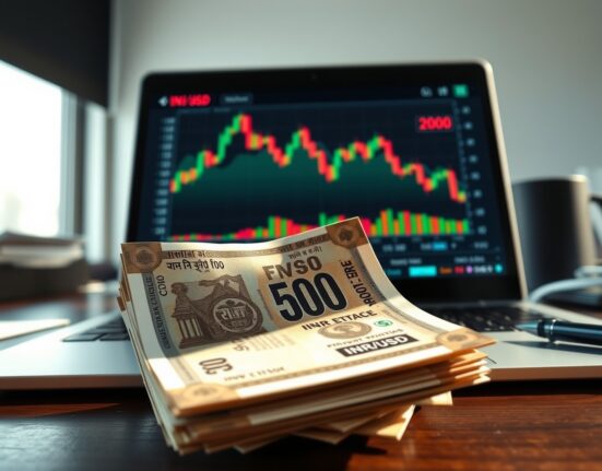 Indian Rupee banknotes with a forex chart showing depreciation against the US Dollar.