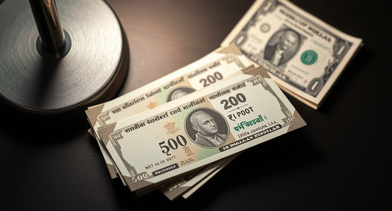 Indian rupee banknotes on a desk with a US dollar bill in the background, representing currency market movements.
