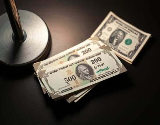 Indian rupee banknotes on a desk with a US dollar bill in the background, representing currency market movements.