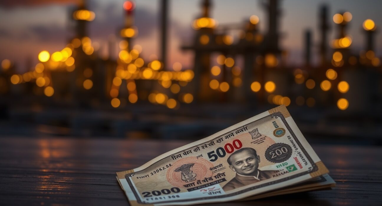 Indian rupee banknotes with blurred oil refinery background representing economic impact of rising crude prices