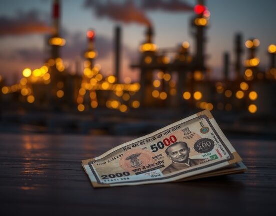 Indian rupee banknotes with blurred oil refinery background representing economic impact of rising crude prices