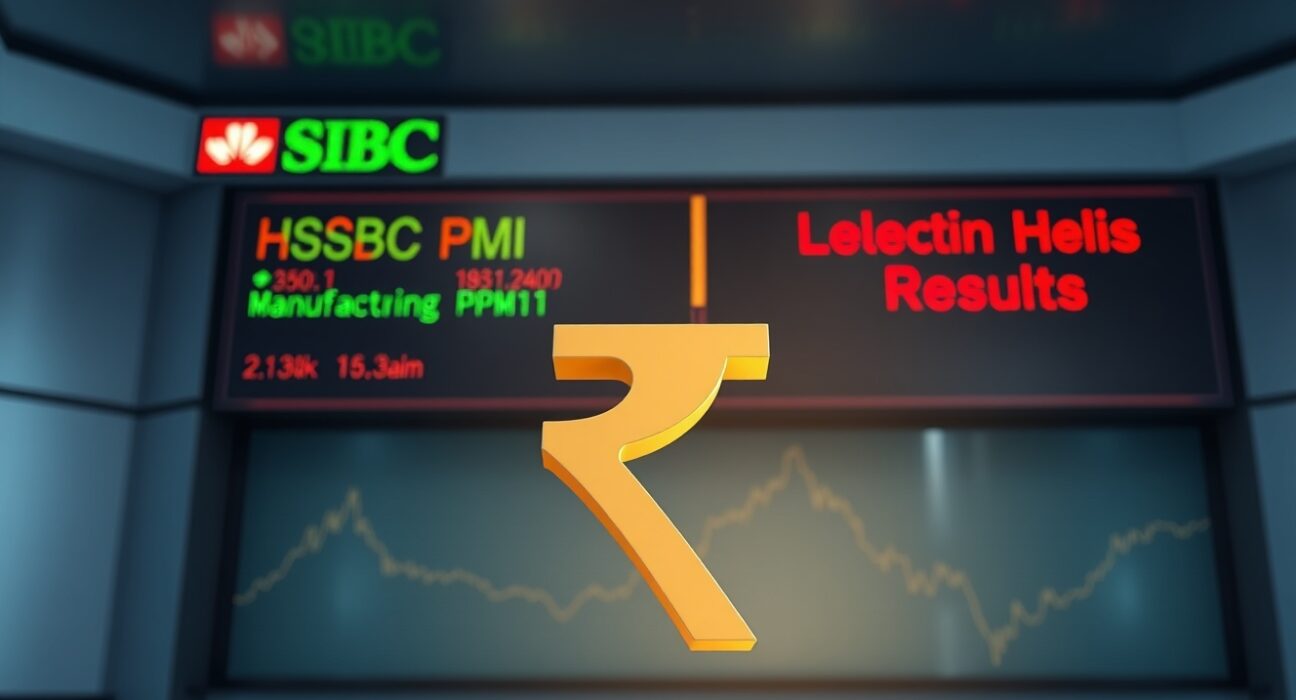 Indian Rupee symbol standing tall against a financial news backdrop with HSBC Manufacturing PMI and election results ticker, symbolizing currency strength.