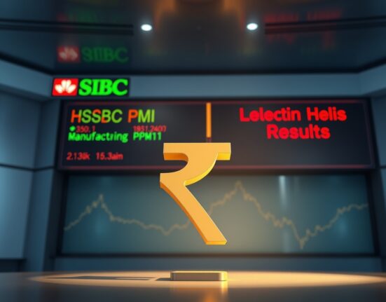 Indian Rupee symbol standing tall against a financial news backdrop with HSBC Manufacturing PMI and election results ticker, symbolizing currency strength.