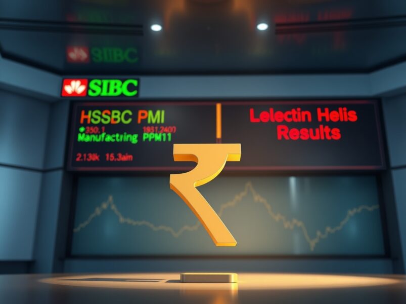 Indian Rupee symbol standing tall against a financial news backdrop with HSBC Manufacturing PMI and election results ticker, symbolizing currency strength.