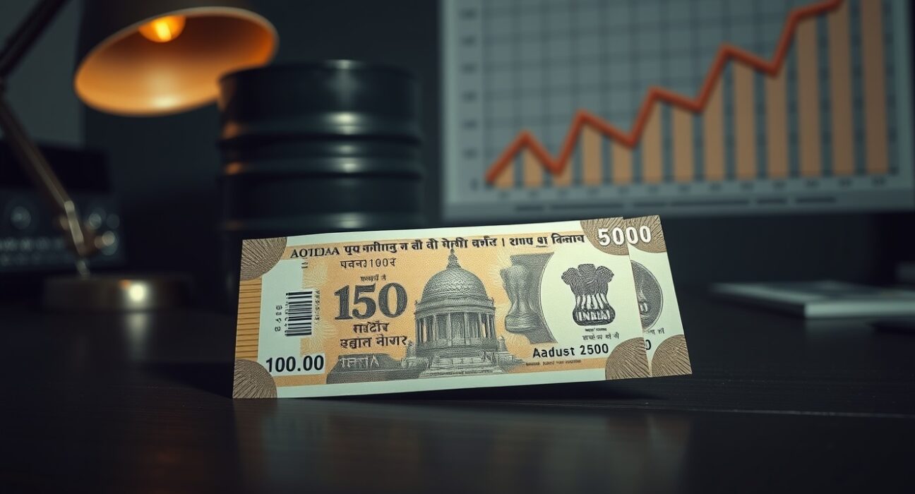 Indian rupee banknotes arranged on a dark surface with an oil barrel and bond chart in the background