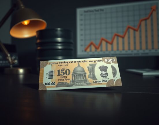 Indian rupee banknotes arranged on a dark surface with an oil barrel and bond chart in the background