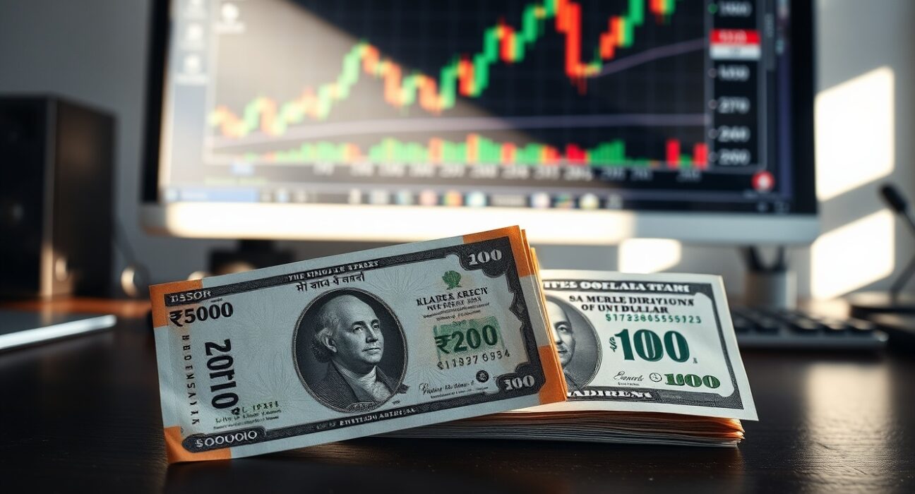 Indian rupee and US dollar banknotes with a forex chart in the background, representing currency market movements.