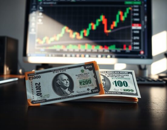 Indian rupee and US dollar banknotes with a forex chart in the background, representing currency market movements.