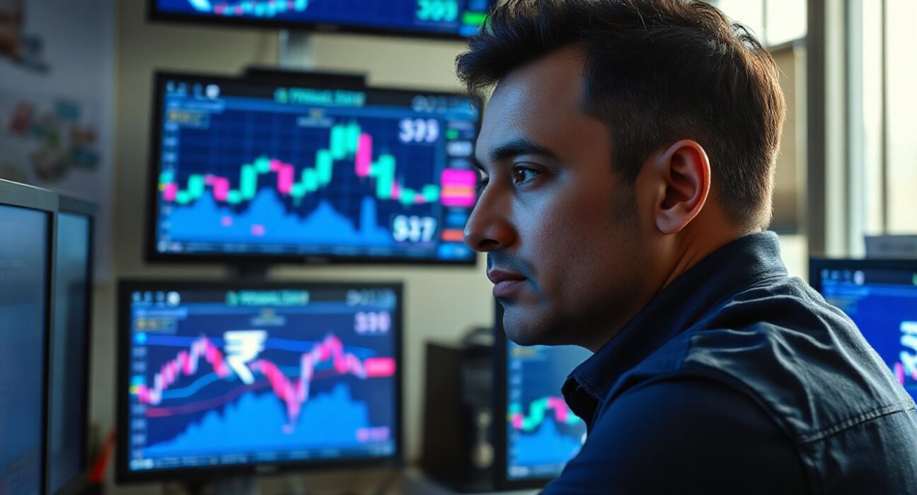 Indian currency trader monitoring forex charts with rupee and dollar symbols