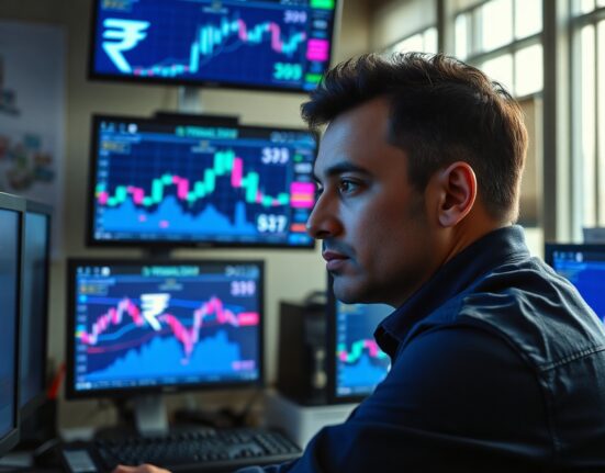 Indian currency trader monitoring forex charts with rupee and dollar symbols