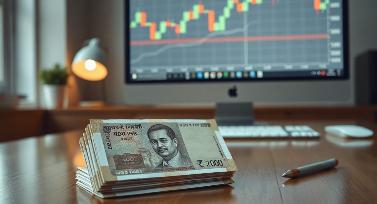 Stack of Indian rupee notes with a stock chart in the background representing forex market stability.