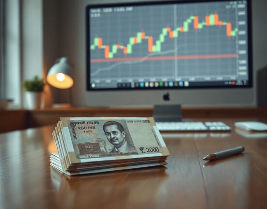 Stack of Indian rupee notes with a stock chart in the background representing forex market stability.