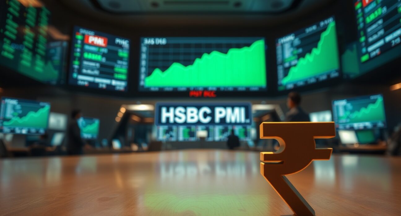 Indian Rupee holds ground after HSBC Manufacturing PMI data, showing a digital stock market screen with a green chart.