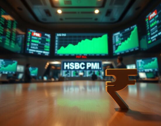 Indian Rupee holds ground after HSBC Manufacturing PMI data, showing a digital stock market screen with a green chart.