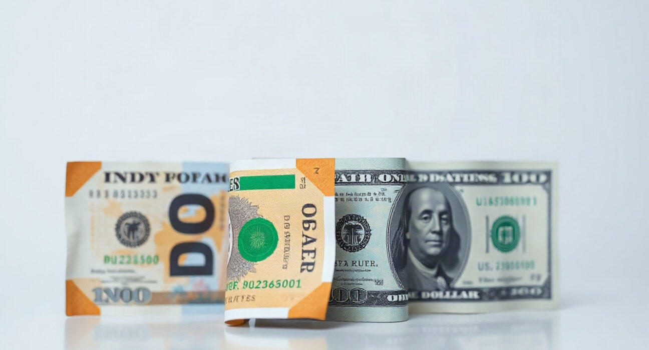 Indian Rupee and US Dollar banknotes side by side with a financial chart in background