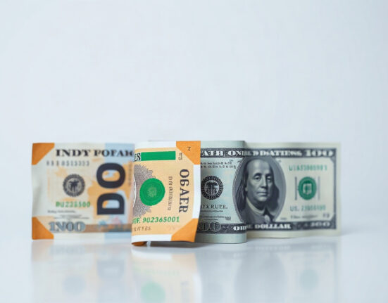 Indian Rupee and US Dollar banknotes side by side with a financial chart in background