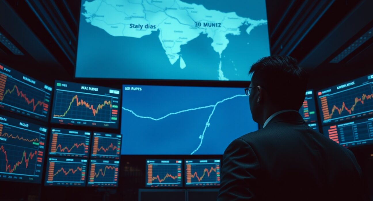 Trading floor screens show falling rupee charts with Strait of Hormuz map in background