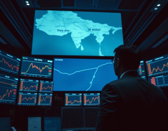 Trading floor screens show falling rupee charts with Strait of Hormuz map in background