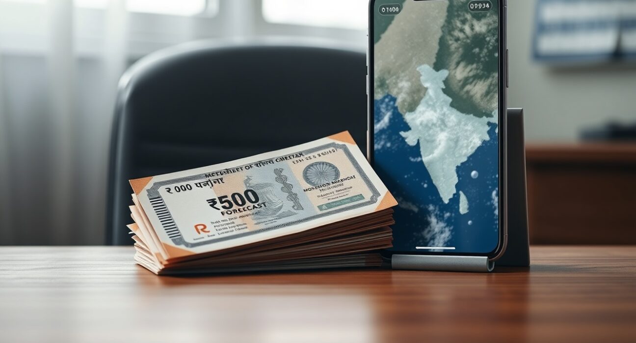 Indian rupee notes and smartphone showing monsoon weather map