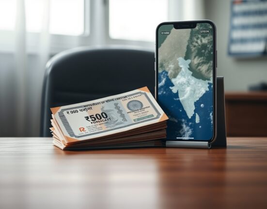 Indian rupee notes and smartphone showing monsoon weather map