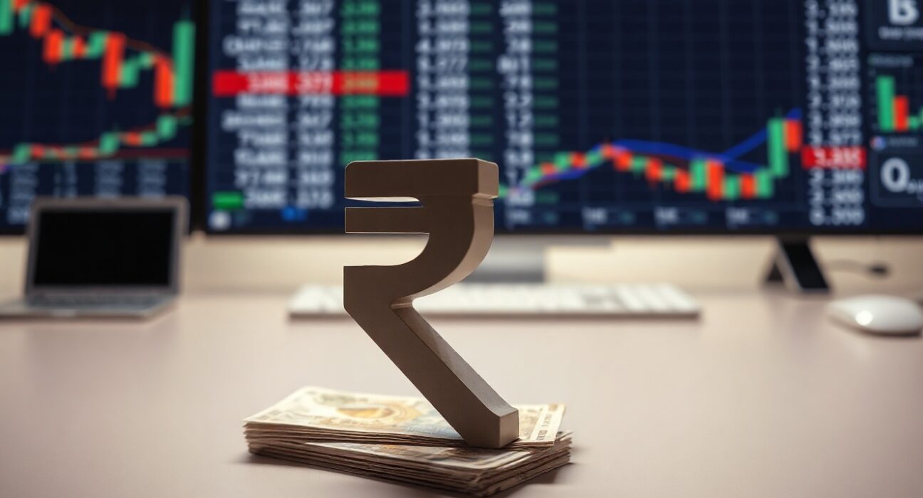 Indian Rupee symbol on a financial desk with market data background