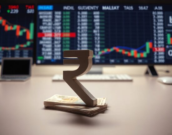 Indian Rupee symbol on a financial desk with market data background