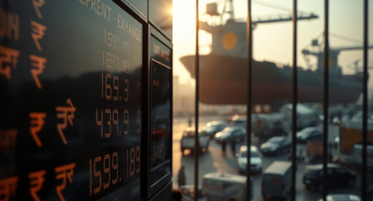 Currency exchange board showing Indian rupee rates with oil tanker silhouette in background