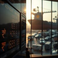 Currency exchange board showing Indian rupee rates with oil tanker silhouette in background