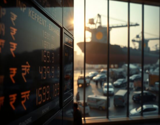 Currency exchange board showing Indian rupee rates with oil tanker silhouette in background